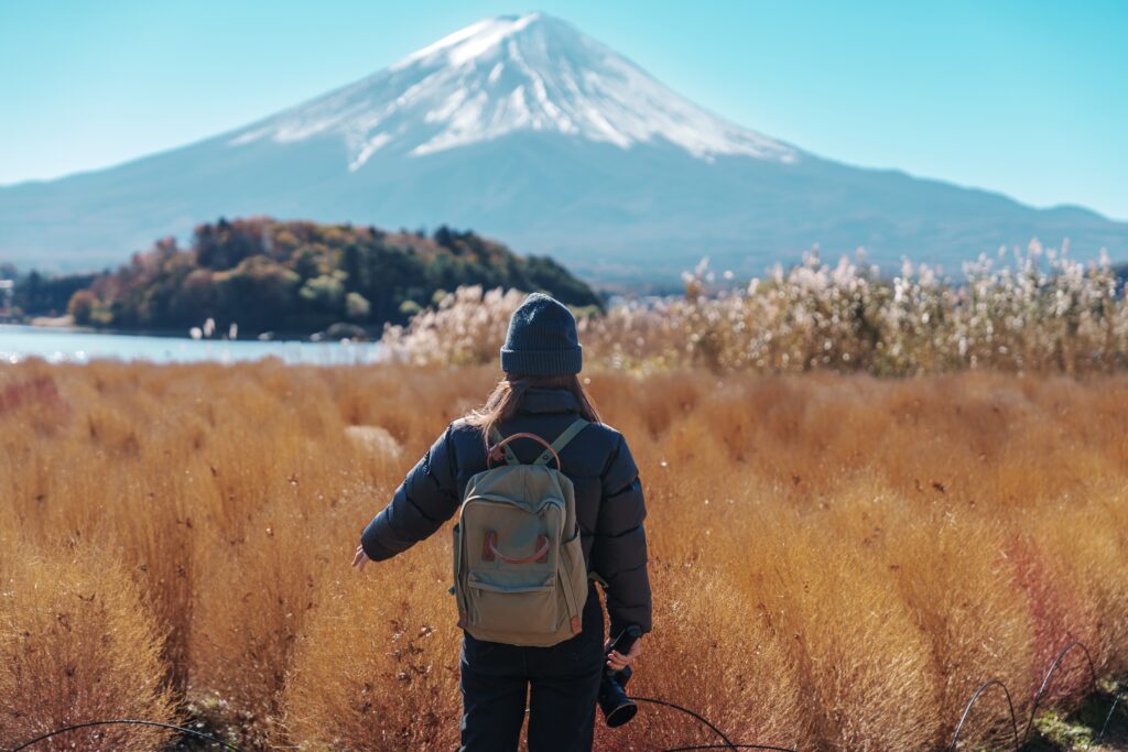 Woman,Tourist,With,Fuji,Mountain,At,Lake,Kawaguchi,,Happy,Traveler